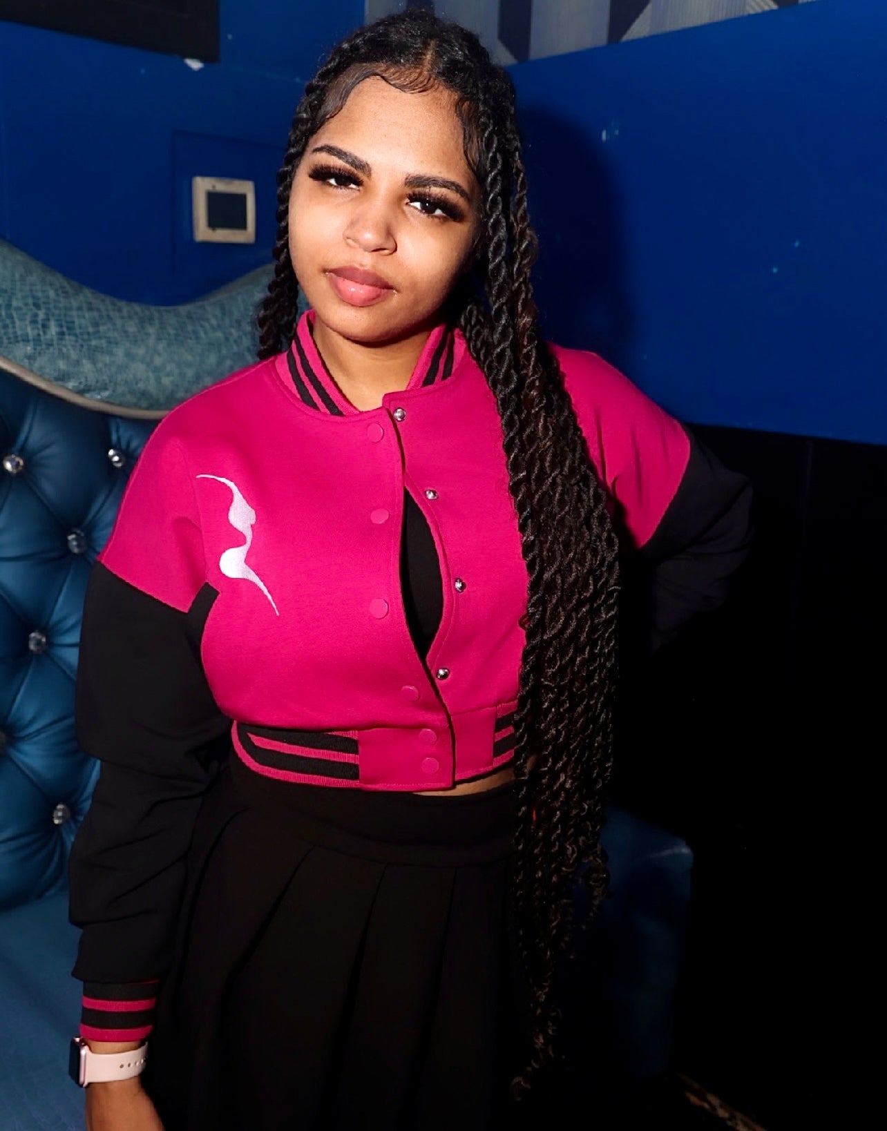 Pink & Black Magic City Crop Varsity Jacket