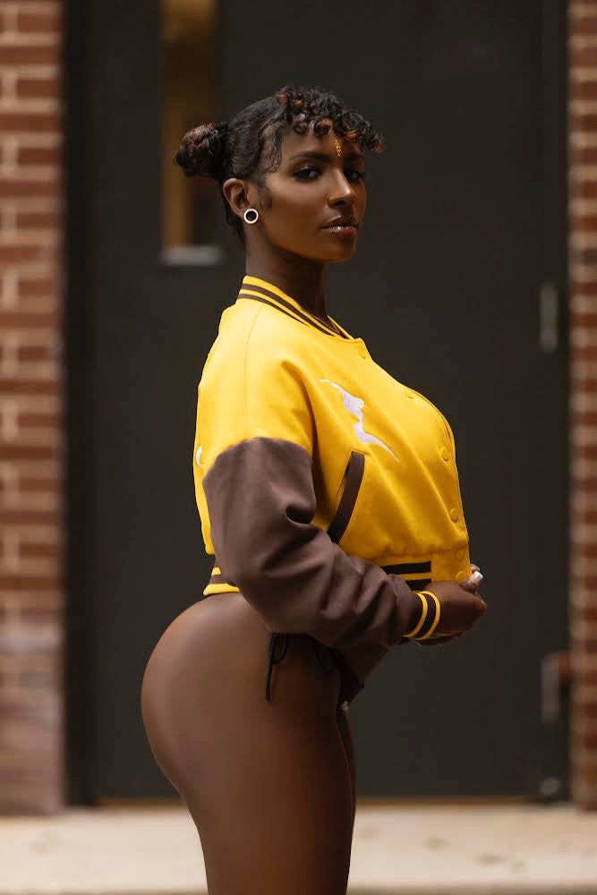Yellow & Brown Magic City Crop Varsity Jacket