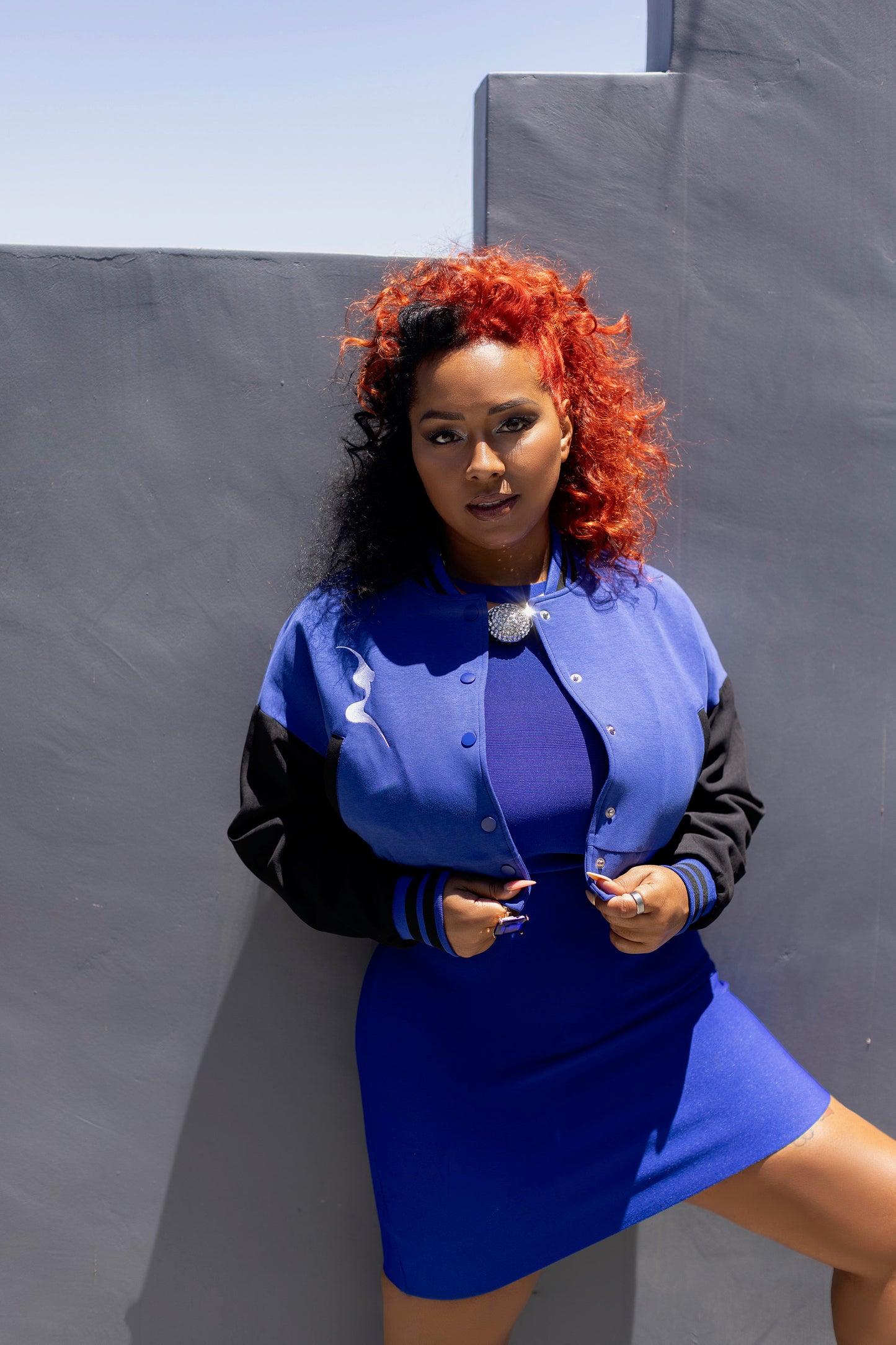Blue & Black Magic City Crop Varsity Jacket