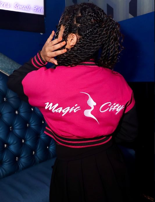 Pink & Black Magic City Crop Varsity Jacket